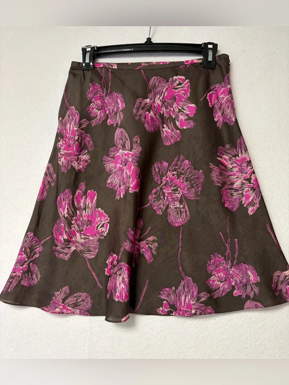 Ann Taylor Petites 100% Silk Floral  A-Line Skirt Brown Pink Lined  Size 2P